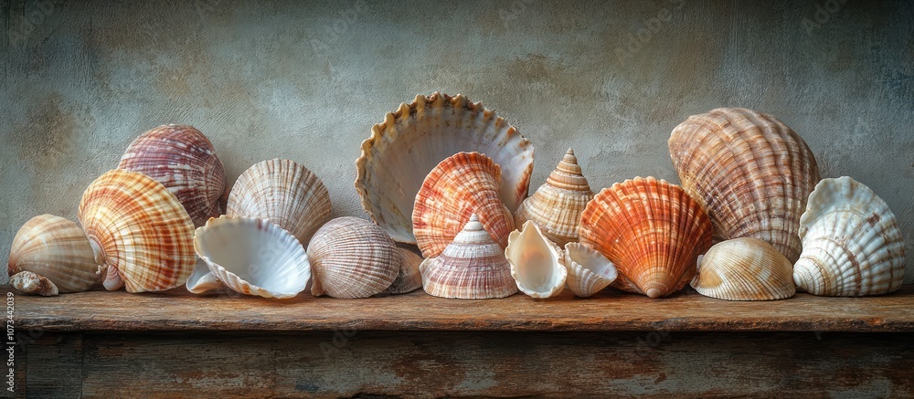 Poster a collection of seashells arranged in a row on a wooden shelf.