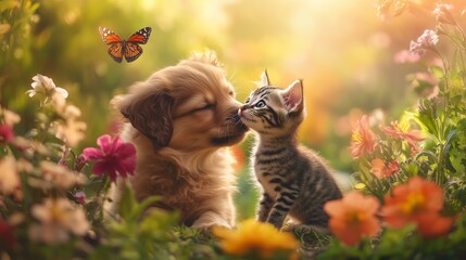 A puppy kisses a kitten in a sunny garden, showcasing their joyful, playful friendship.