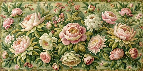 Fototapeta premium A Tapestry of Delicate Blooms in Soft Hues, Rendered with Exquisite Detail and Richly Colored Foliage