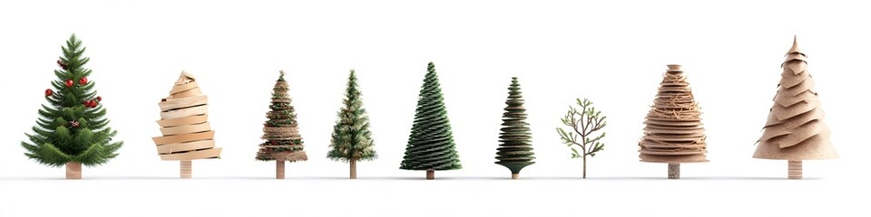 Fototapeta premium Collection of eco-friendly Christmas trees made from recycled materials, decorated with earthy tones and simple designs, arranged side by side on a white background. Vector art, 4k resolution,