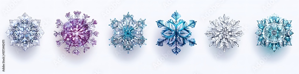 Poster Collection of colorful snowflake ornaments with intricate patterns, each with different shades of blue and silver, lined up on a white background. Vector art, no shadows, 4k resolution, white