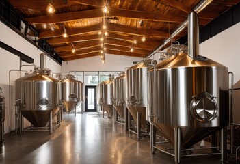 brewery interior displaying large brewing industrial design features inviting space, ale, ambielance, automation, barrel, beverages, brewpub