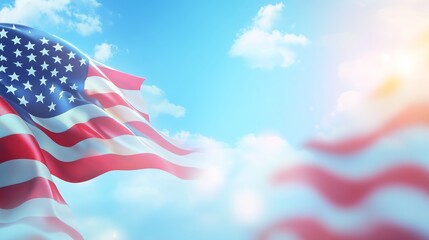 A vibrant American flag waves in a clear sky, inviting powerful messages and celebrating patriotism.