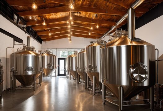 brewery interior displaying large brewing industrial design features inviting space, ale, ambielance, automation, barrel, beverages, brewpub