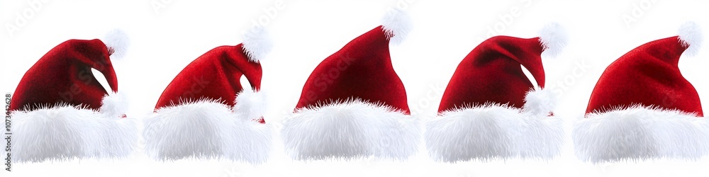Poster a row of santa hats in different sizes and designs, each with fluffy white trim and red velvet, disp