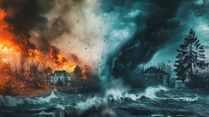 Fototapeta na wymiar Natural Disasters Fire and Flood Collide in a Chaotic Scene of Devastation and Despair