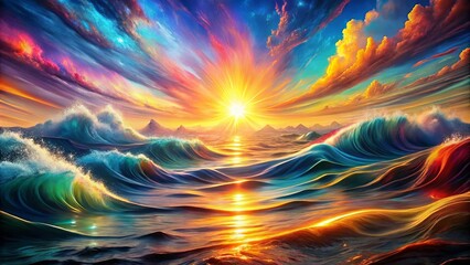 Obraz premium A Sunlit Seascape with Vivid Hues of Blue, Green, and Yellow, Capturing the Radiant Glow of a Rising Sun and the Serene Beauty of Rolling Waves