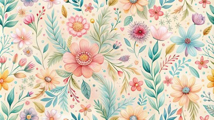 Obraz premium A Whimsical Watercolor Floral Pattern Featuring Delicate Blooms and Lush Foliage on a Cream Background