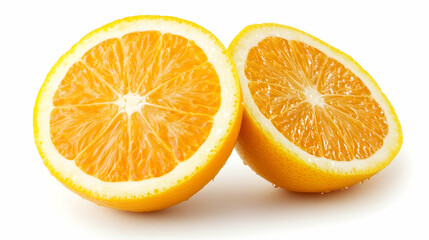 Fototapeta premium Two halves of a fresh orange, cut and placed next to each other, isolated on a white background.