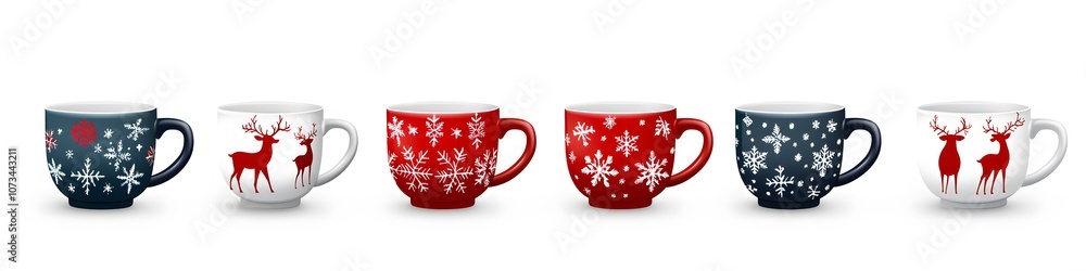 Aufkleber Collection of festive holiday mugs with snowflake and reindeer patterns, each cup styled uniquely, arranged in a visually balanced layout on a white background. Vector art, no shadows, 4k resolution,