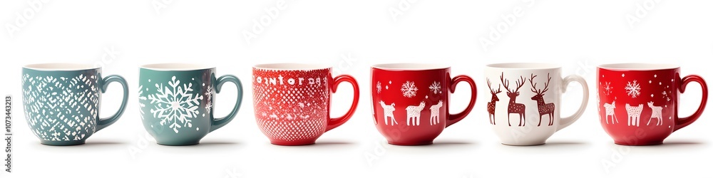 Aufkleber Collection of festive holiday mugs with snowflake and reindeer patterns, each cup styled uniquely, arranged in a visually balanced layout on a white background. Vector art, no shadows, 4k resolution,