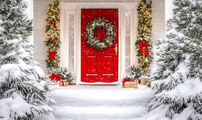 Fototapeta premium A festive winter scene featuring a red door adorned with a wreath and surrounded by snow.