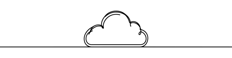 One continuous line illustration of a cloud, isolated on white background. Line art of cloud