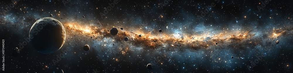 Poster a space scene with a planet and a bunch of rocks. the planet is in the foreground and the rocks are 