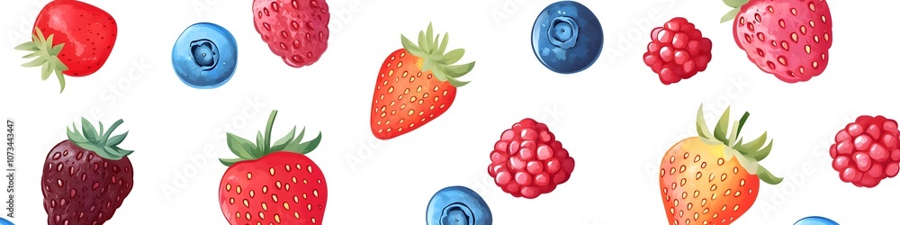 Poster A set of berry fruits including strawberries, blueberries, and raspberries, each positioned to highlight vibrant colors, arranged in a visually balanced pattern on a seamless white background. Vector