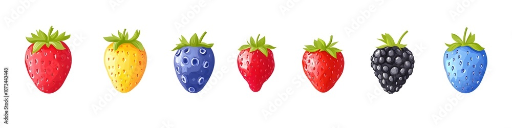 Poster A set of berry fruits including strawberries, blueberries, and raspberries, each positioned to highlight vibrant colors, arranged in a visually balanced pattern on a seamless white background. Vector