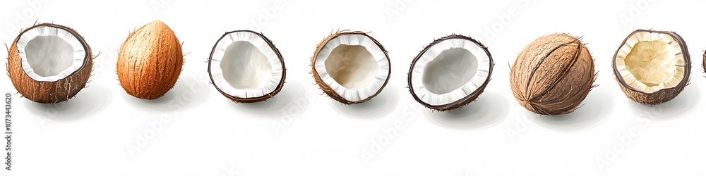 Poster Collection of tropical coconuts, some whole and some halved, with detailed textures of both shell and pulp, displayed in a straight line on a seamless white background. Vector art, no shadows, 4k