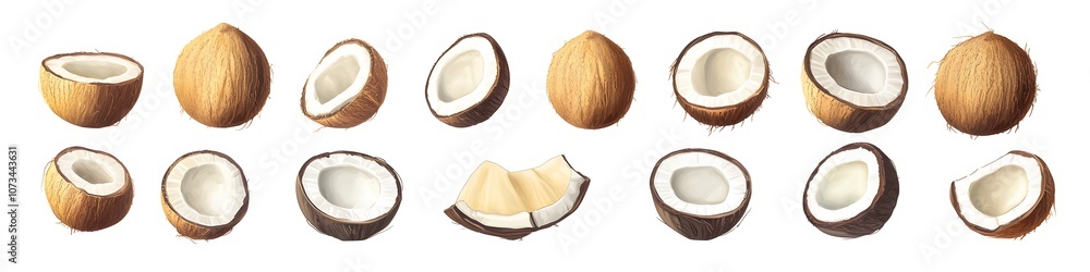 Poster Collection of tropical coconuts, some whole and some halved, with detailed textures of both shell and pulp, displayed in a straight line on a seamless white background. Vector art, no shadows, 4k