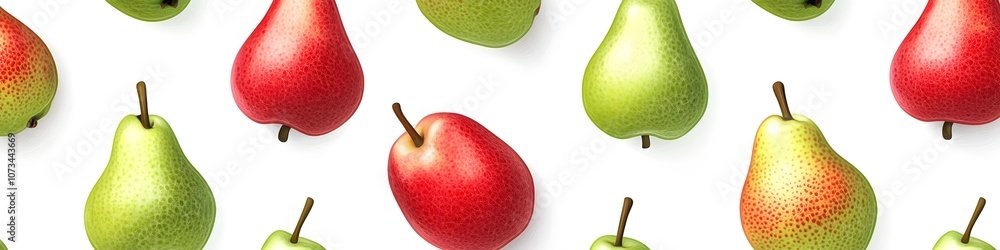 Poster Array of pears in green and red shades, each with realistic stems and subtle texture details, arranged on a pure white background. Vector art, no shadows, 4k resolution, white background