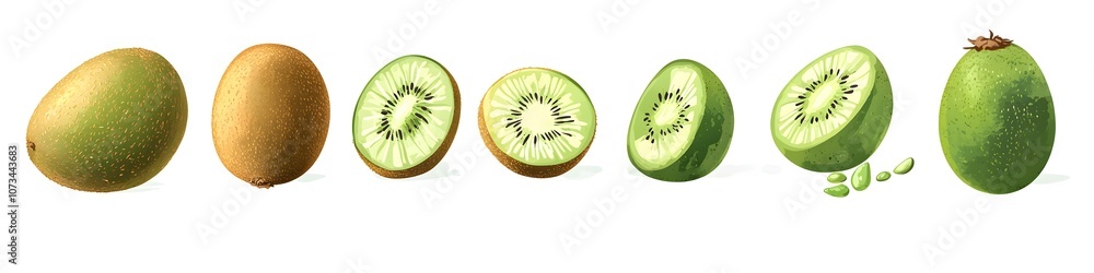 Poster display of kiwi fruits, some whole and some sliced to show vibrant green interiors, each piece with 
