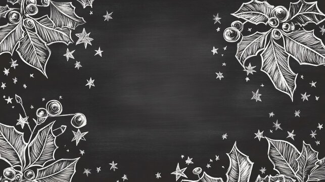 Background featuring hand-drawn mistletoe and holly leaves on chalkboard paint, with small chalk stars sprinkled around