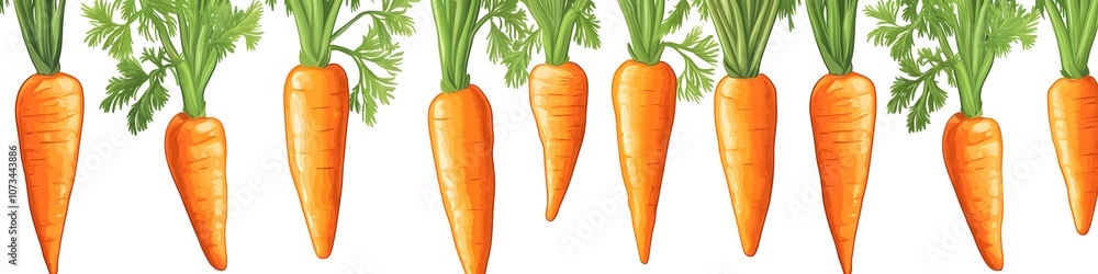 Aufkleber A collection of fresh carrots with green tops, each displaying a vibrant orange color, arranged in a neat line on a white background. Vector art, no shadows, 4k resolution, white background