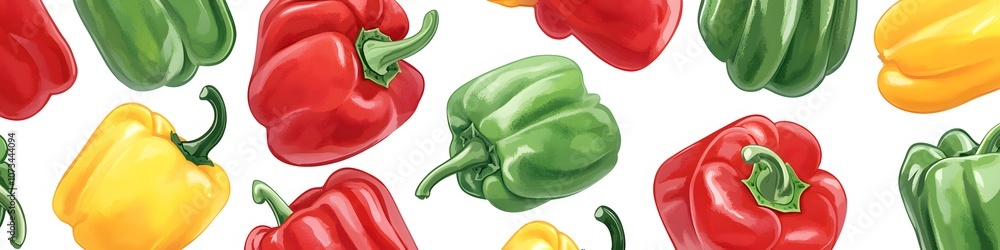 Poster A set of colorful bell peppers in red, yellow, and green, each positioned to showcase their glossy surfaces, displayed in a visually balanced pattern on a seamless white background. Vector art, no