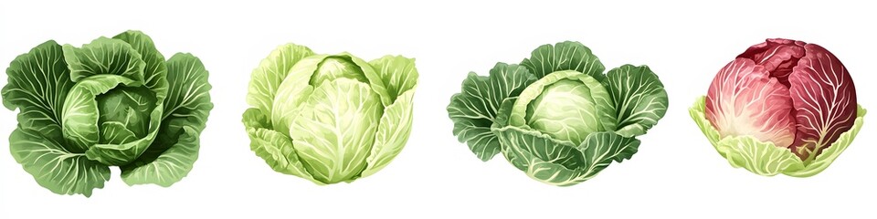 Array of cabbages in green, red, and Napa varieties, each showcasing unique textures, displayed on a pure white background. Vector art, no shadows, 4k resolution, white background