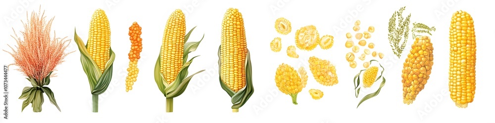 Aufkleber Collection of corn on the cob, some with husks and some without, arranged to showcase detailed kernels on a clean white background. Vector art, no shadows, 4k resolution, white background