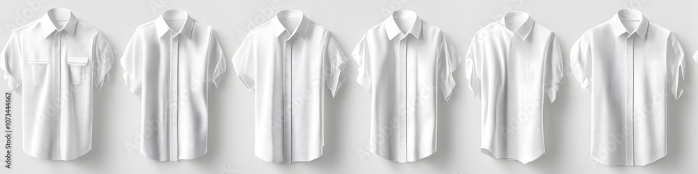 Aufkleber Display of white shirts with unique stitching patterns and small embroidered details, arranged neatly on a bright white background. Vector art, no shadows, 4k resolution, white background