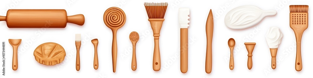Poster A set of baking tools including a rolling pin, pastry brush, and measuring spoons, each tool positioned to showcase intricate details on a seamless white background. Vector art, no shadows, 4k