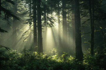 Obraz premium Sunlight filters through a serene forest, casting ethereal rays amidst towering trees and lush greenery, creating a tranquil, mystical atmosphere.