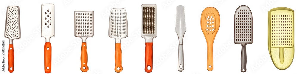 Poster A collection of peelers, graters, and zesters, displayed in a neat line to show varied designs and textures on a seamless white background. Vector art, no shadows, 4k resolution, white background