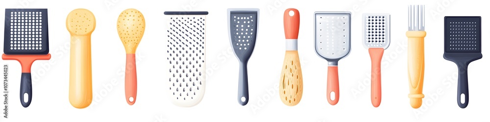 Poster A collection of peelers, graters, and zesters, displayed in a neat line to show varied designs and textures on a seamless white background. Vector art, no shadows, 4k resolution, white background
