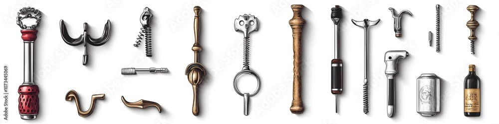 Poster A visually balanced collection of can openers, bottle openers, and corkscrews, each tool displayed with fine details on a seamless white background. Vector art, no shadows, 4k resolution, white