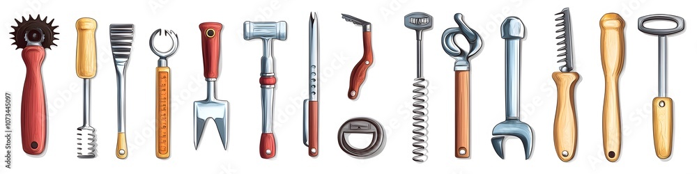 Poster A visually balanced collection of can openers, bottle openers, and corkscrews, each tool displayed with fine details on a seamless white background. Vector art, no shadows, 4k resolution, white