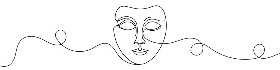 One continuous line illustration of a medical mask, isolated on white background. Line art of medical mask