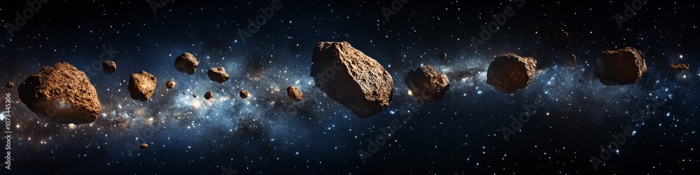 Poster a series of space rocks are flying through the sky. the rocks are scattered in various sizes and sha