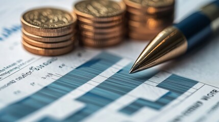 Business Finance Concept with Coins, Pen, and Charts Depicting Economic Trends and Investment Growth on a Financial Document Background