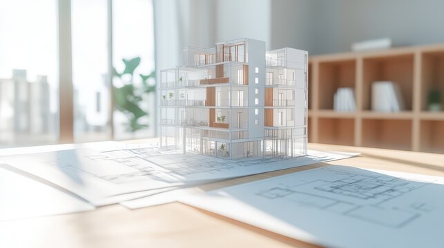 Architectural model of apartment building with isometric view and blueprints