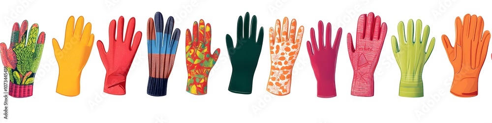 Aufkleber Array of garden gloves in various colors and materials, arranged in a visually pleasing pattern on a bright white background. Vector art, no shadows, 4k resolution, white background
