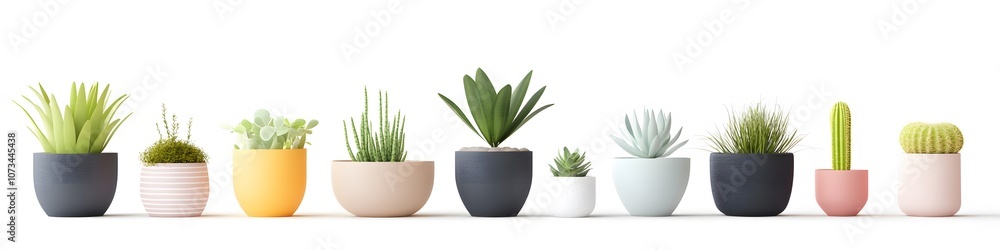 Poster Collection of plant pots in various shapes and sizes, arranged in a neat line to showcase different styles on a seamless white background. Vector art, no shadows, 4k resolution, white background
