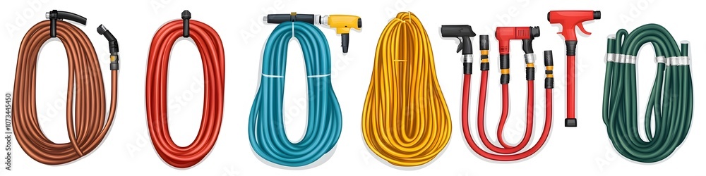 Poster assortment of garden hoses with different nozzle types, each positioned side by side to display vari