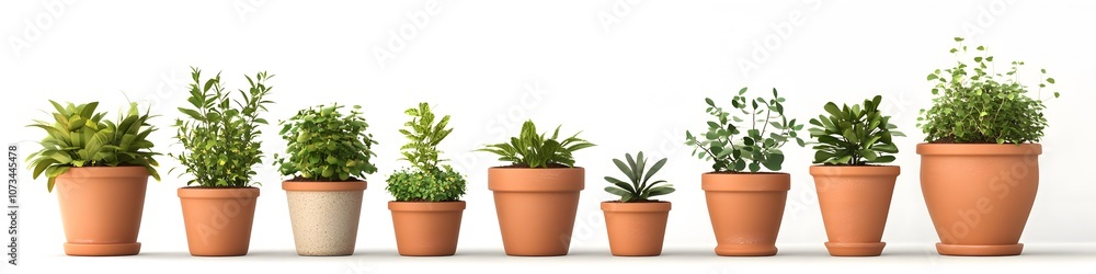 Poster Collection of plant pots in various shapes and sizes, arranged in a neat line to showcase different styles on a seamless white background. Vector art, no shadows, 4k resolution, white background