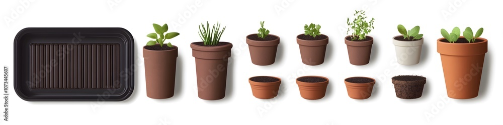 Poster Assortment of seedling trays and small gardening pots, each with unique shapes and textures, positioned side by side on a seamless white background. Vector art, no shadows, 4k resolution, white