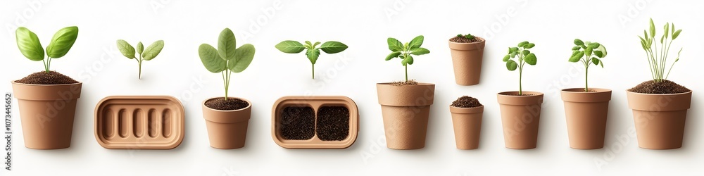 Poster Assortment of seedling trays and small gardening pots, each with unique shapes and textures, positioned side by side on a seamless white background. Vector art, no shadows, 4k resolution, white