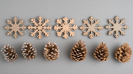 DIY holiday scene with cardboard snowflakes and glitter-dusted pinecones, isolated on a warm gray background