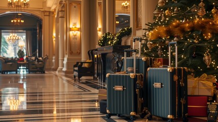 luggage set against a backdrop of a luxury hotel lobby decked out in holiday decor