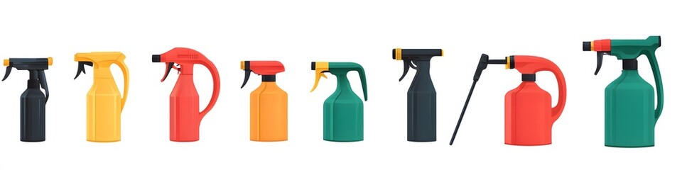 Collection of garden sprayers in various sizes, each with ergonomic handles, displayed in a neat line on a pure white background. Vector art, no shadows, 4k resolution, white background
