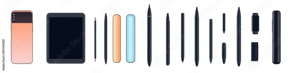 Poster A set of digital work tools including a tablet, stylus, and smartphone, arranged in a visually balanced layout on a seamless white background. Vector art, no shadows, 4k resolution, white background